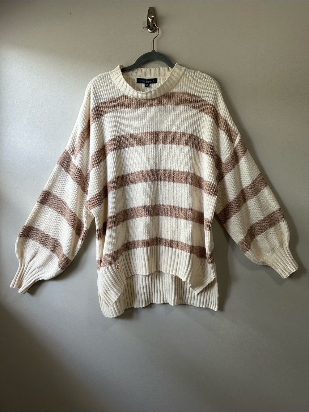 Simply Southern Cream & Brown Striped Crewneck Chenille Sweater Size XXL Boho